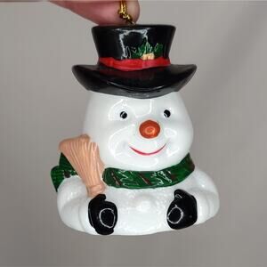 Vintage Style Frosty The Snowman Black Top Hat Porcelain Christmas Ornament Bell